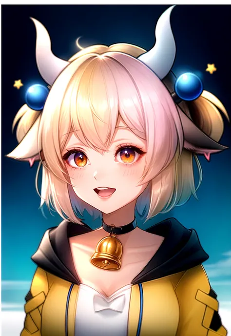 anime, vtuber, cow girl, 1girl, animal ears, bell, black background, horns, blonde hair, choker, collar, light pink hair, hair ornament, (blue and yelow jacket:1.4), hoodie, horns, jingle bell, letterboxed, neck bell, open mouth, short hair, smile, solo, star \(symbol\), transparent background, upper body, orange eyes,