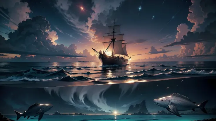 (night time:1.8, midnight:1.8, (dark:1.6) starry sky:1.8, falling stars:1.6, (in the middle of the ocean:1.6), unemployed:1.4, reflection of the sky over the ocean:1.6, amazing landscape), (master piece:1.4, best quality:1.4, intricate details, sharp focus, UHD, 8K, Ultra Detailed 8K CG, extremely detailed CG unity 8k wallpaper, ultra high res, High quality texture, High quality shadow, natural lighting, vivid colors, sof HDR)