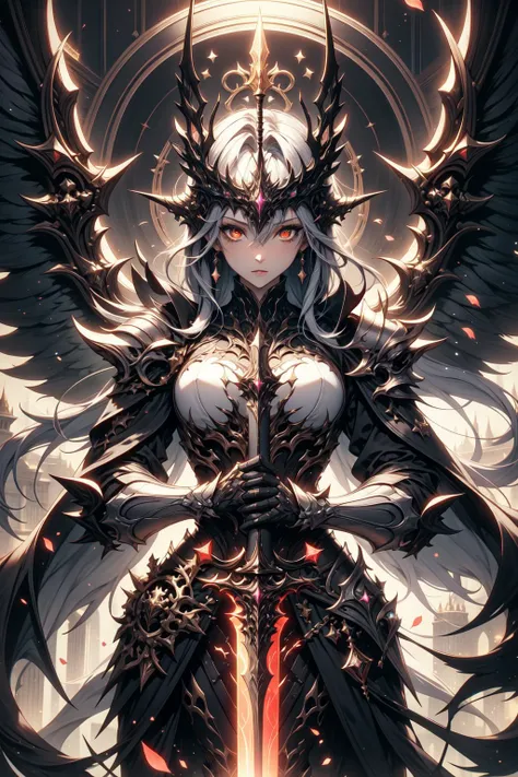 ethereal fantasy concept art, girl in black and gold armor, glod tiara, gold armor, holding gold sword, low wings, head wings, multiple wings, winged helmet, glowing sword, glowing runes, smug, glowing eyes, yellow eyes, constricted pupils, glowing yellow eyes,tsurime, parted lips, magic circle, glory, glory light, glory light \(weapon\), lighting, glow swirling light, gem, blue gemstone, with a dynamic and magical background, looking down, masterpiece, best quality, magnificent, celestial, ethereal, painterly, epic, majestic, magical, fantasy art, cover art, dreamy, Multi-Layered Textures, HDR, High Dynamic Range, Maximum Clarity And Sharpness, Multi-Layered Textures, <lora:Fantasy_warriors_-_by_HailoKnight:0.8>