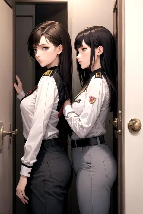 masterpiece, best quality, 2ladies, 2 women in military uniform trapped in a closet. pants, (against wall), facing each other, from side