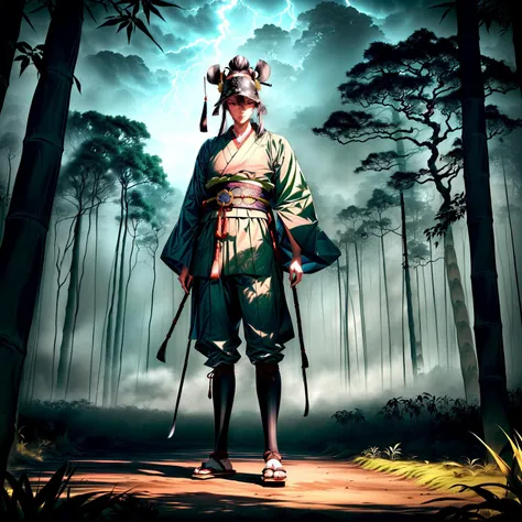 ((a samurai warrior stand alone in the dark forest, sengoku period, ultra detailed landscape, mystic landscape, mystic atmosphere, giant bamboos, giant trees, flying tree leaves, fog, lightning:1.2)), ((master piece)), (best quality), (cinematic lighting), highres, 8K, ultra detailed 8k cg, perfect lighting, extremely detailed background, (elaborate atmosphere:1.4), soft HDR, <lora:add_detail:1.25>