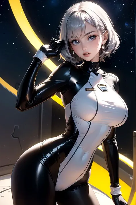 <lora:AstroBabes:0.8> sexy_scifi, wearing sexy_scifi, silver space costume, (shiny clothes, metalic clothes, silver clothes:1.2),  sexy space suit, large breasts, space, black sky, stars, bodysuit,  katya1, ultra detailed, masterpiece, best quality, aesthetic, detailed,