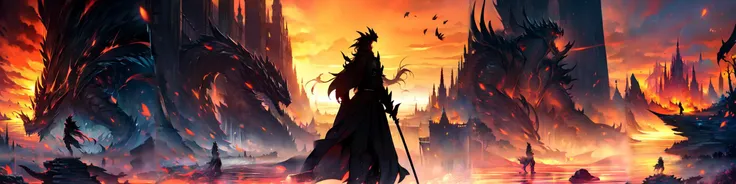 (((excellent banner))),concept art,digital art,centered,Real:2.0, Photorealistic, (full body:1.2),high contrast, epic cinematic, soft studio lights, rim light, absurd, amazing, itricate, hyper detailed, ultra realistic, soft colors, 8K,1boy,a young man standing on a hill wearing a black outfit and a hood ,watching at a beatifull landscape ,(a giant black dragon is flying around) ,trees, a river splits the landscape in half,castle,ruins,flowers, the dragon spits fire ,sunset,orange sky,light and shadow play,anime style:2.0,fire ,medieval atmosphere,bridge,towers,butterflys,frogs,forest,stones,sword,waterfall,sharp focus,cinematic atmosphere, <lora:FantasyLandscape:0.8> FanLan
