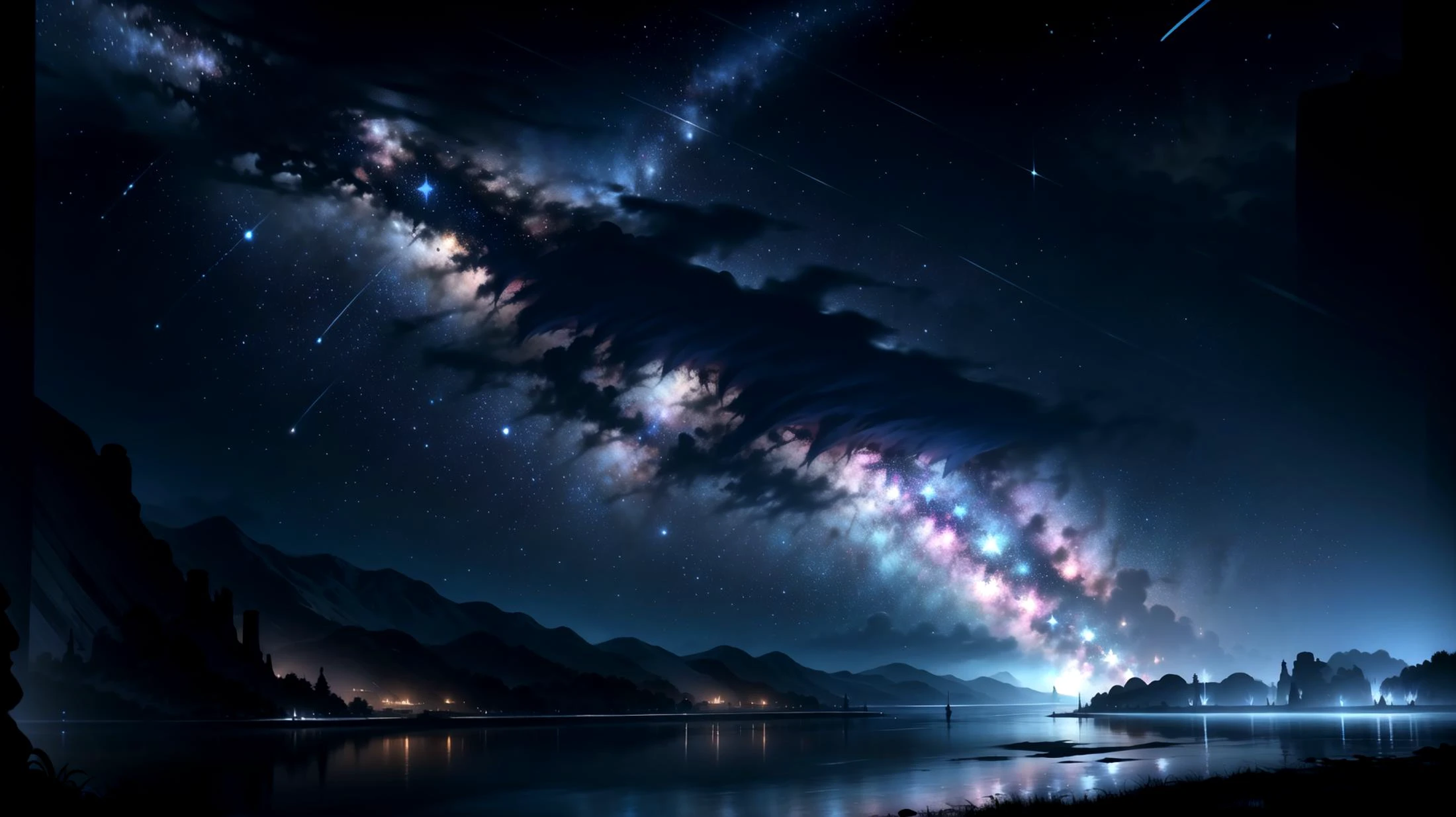 (dark and blue theme), (night:1.6), ((on a dark night, a clear sky with stars shining like jewels)), (a river stretching to the horizon offers a mysterious and vast landscape), (beams of blue light with a mystical appearance), (master piece:1.5, best quality:1.5, intricate details, highres, 8K, ultra high res, natural lighting), <lora:FantasyLandscape-10:0.65> FanLan