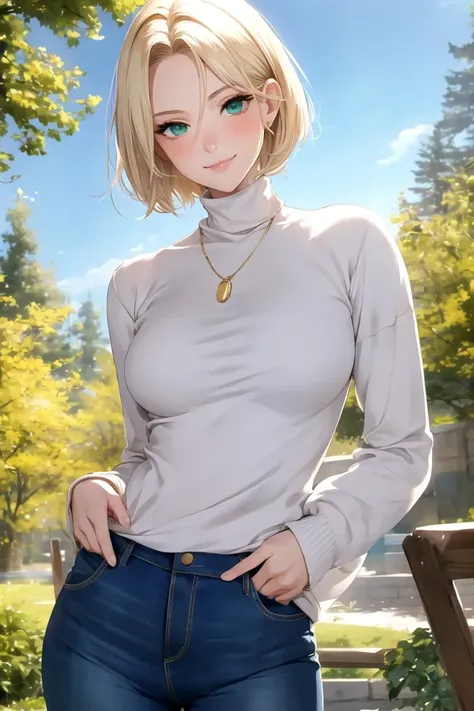​masterpiece、top-quality、Ultra detail、beautiful  lighting、femele、Tight jeans、blonde  hair、(White sweater:1.5)、turtle neck、is standing、on the park、beautful view、little blush、a smile、（very large breast：1.5）、（shiny lip：1.1）、（beautidful eyes：1.1）、amazing background、Hair with mouth closed、D on the back of the arm_back、short-hair