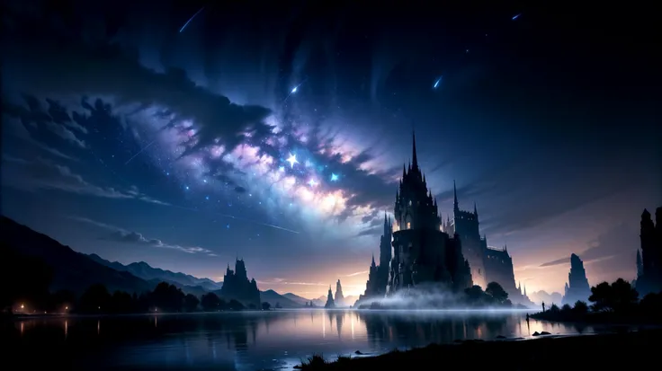 (dark and blue theme), (night:1.6), ((on a dark night, a clear sky with stars shining like jewels)), (a river stretching to the horizon offers a mysterious and vast landscape), (beams of blue light with a mystical appearance), (master piece:1.5, best quality:1.5, intricate details, highres, 8K, ultra high res, natural lighting), <lora:FantasyLandscape-10:0.55> FanLan