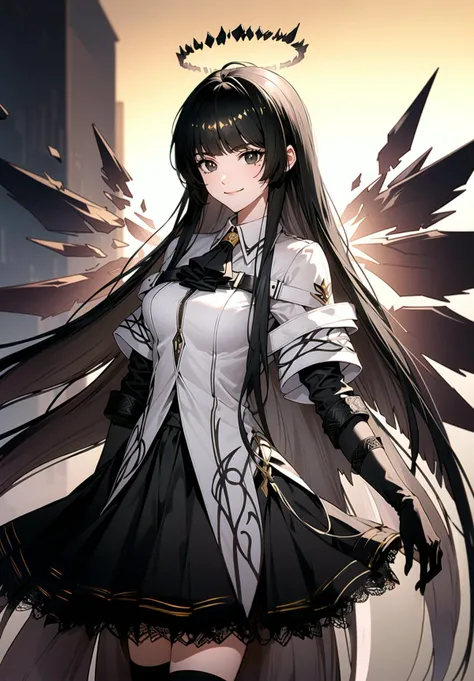 <lora:virtuosa_arknights:0.9> (virtuosa_arknights), cowboy shot, soft light, city ruins, thighs, short skirt, black ascot, black gloves, thighhighs, blunt bangs, layered sleeves, (thighhighs strap), light smile, (detached wings),