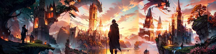 (((excellent banner))),concept art,digital art,centered,Real:2.0, Photorealistic, (full body:1.2),high contrast, epic cinematic, soft studio lights, rim light, absurd, amazing, itricate, hyper detailed, ultra realistic, soft colors, 8K,1boy,a young man standing on a hill wearing a black outfit and a hood ,watching at a beatifull landscape ,(a giant black dragon is flying around) ,trees, a river splits the landscape in half,castle,ruins,flowers, the dragon spits fire ,sunset,orange sky,light and shadow play,anime style:2.0,fire ,medieval atmosphere,bridge,towers,butterflys,frogs,forest,stones,sword,waterfall,sharp focus,cinematic atmosphere, <lora:quiron_LegendaryLandscapes_v1_Lora:1> ,LegLandscapesQuiron
