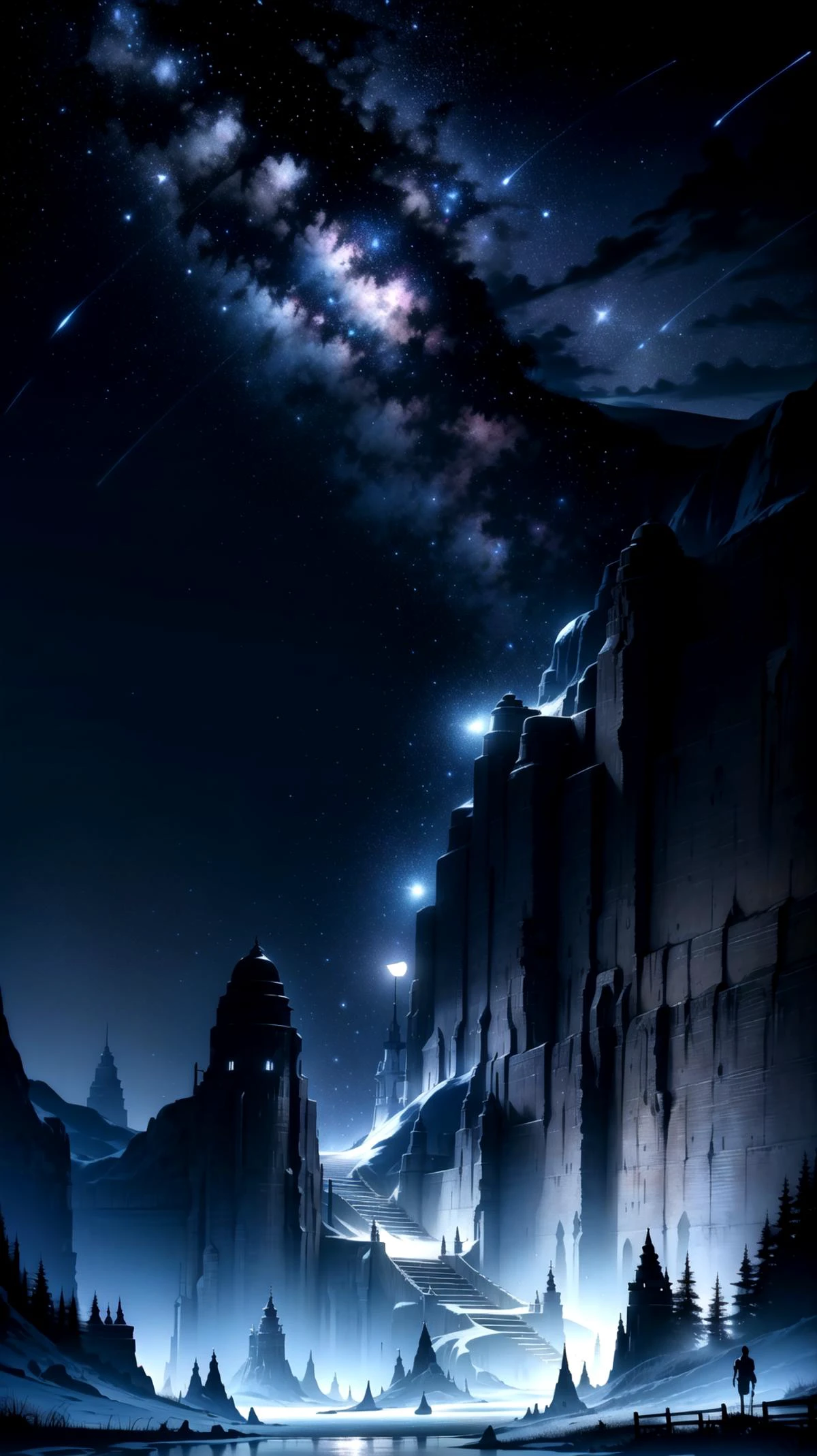 (dark and blue theme), (night:1.6), ((on a dark night, a clear sky with stars shining like jewels)), (a river stretching to the horizon offers a mysterious and vast landscape), (beams of blue light with a mystical appearance), (master piece:1.5, best quality:1.5, intricate details, highres, 8K, ultra high res, natural lighting), <lora:FantasyLandscape-10:0.60> FanLan