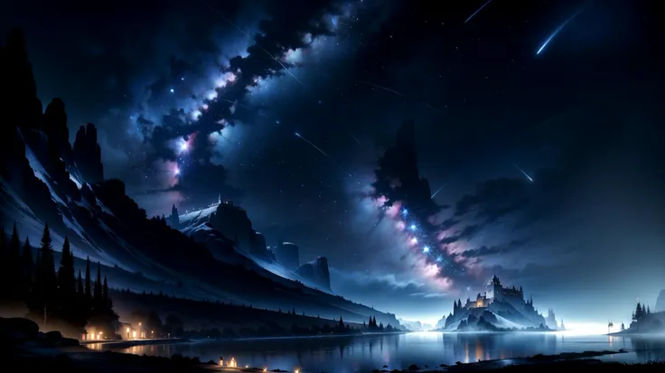 (dark and blue theme), (night:1.6), ((on a dark night, a clear sky with stars shining like jewels)), (a river stretching to the horizon offers a mysterious and vast landscape), (beams of blue light with a mystical appearance), (master piece:1.5, best quality:1.5, intricate details, highres, 8K, ultra high res, natural lighting), <lora:FantasyLandscape-10:0.65> FanLan