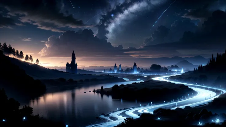 (dark and blue theme), (night:1.6), ((on a dark night, a clear sky with stars shining like jewels)), (a river stretching to the horizon offers a mysterious and vast landscape), (beams of blue light with a mystical appearance), (master piece:1.5, best quality:1.5, intricate details, highres, 8K, ultra high res, natural lighting), <lora:FantasyLandscape-10:0.55> FanLan