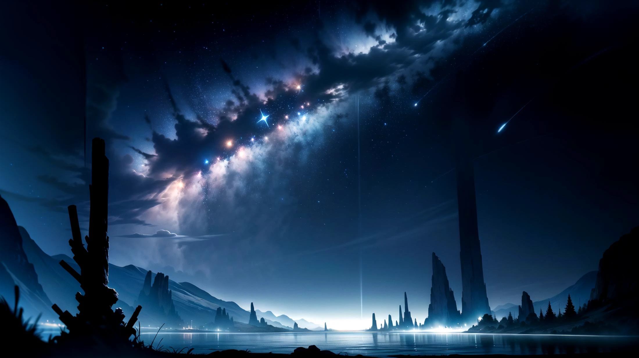 (dark and blue theme), (night:1.6), ((on a dark night, a clear sky with stars shining like jewels)), (a river stretching to the horizon offers a mysterious and vast landscape), (beams of blue light with a mystical appearance), (master piece:1.5, best quality:1.5, intricate details, highres, 8K, ultra high res, natural lighting), <lora:FantasyLandscape-10:0.55> FanLan
