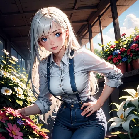 a girl is watering the flowers in the garden, light beams, long hair, white hair, blue eyes, cute, beauty, detailed face, freckle, smile, plain white shirt, short jeans with suspenders, white and blue outfit, afternoon, (mater piece, best quality, 8K, UHD, extreme detailed description, professional, studio lighting, sharp focus, cinematic lighting, highres, ultra detailed 8K CG, perfect lighting, exremely detailed background, eleborate atmosphere:0.75, fantastical colors, vivid colors, soft HDR)