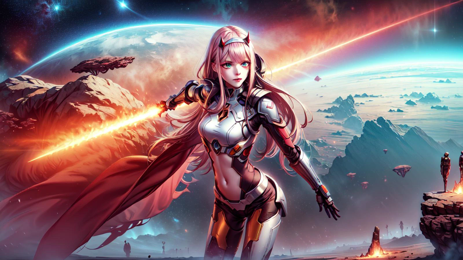 Absurdres, highres, masterpiece, highly detailed face and eyes, breathtaking, cinematic scene, cowboy shot, gothic bedroom with lots of candles, nighttime, dramatic lighting, moonlight filtering,
<lora:Type3Tech:0.8> type3tech , scifi, type 3 civilization ,
<lora:zerotwo-lora-nochekaiser:1> zero two, (green eyes:1.5), hairband, horns, long hair, pink hair, red horns, white hairband, bodysuit, covered navel, pilot suit, red bodysuit, science fiction, 1girl, female knight, holding a lightsaber, full body, glowing cape , standing, smirking,
<lora:1024_Lion_LyCORIS_loha:0.7> pink light_saber, holding sword, glowing sword,
<lora:Detail-Slider-V3-By-Stable_yogi:0.8>
<lora:DUNEv3:0.8> dune,