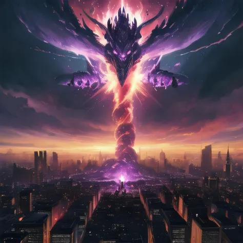 dark almighty dragon with purple flaming demon eyes towering over city crawling with wounded and fleeing people on fire, in the style of Kimi no Na wa Directed by Makoto Shinkai