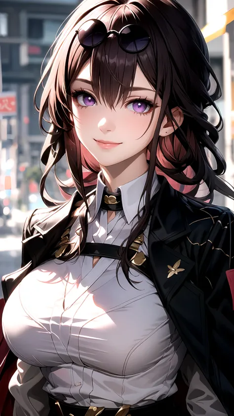 masterpiece, best quality, KafkaV4, 1girl, solo, looking at viewer, light smile, large breasts, purple eyes, sunglasses, upper body, eyewear on head, shirt, white shirt, jacket, <lora:KafkaV4:0.7>