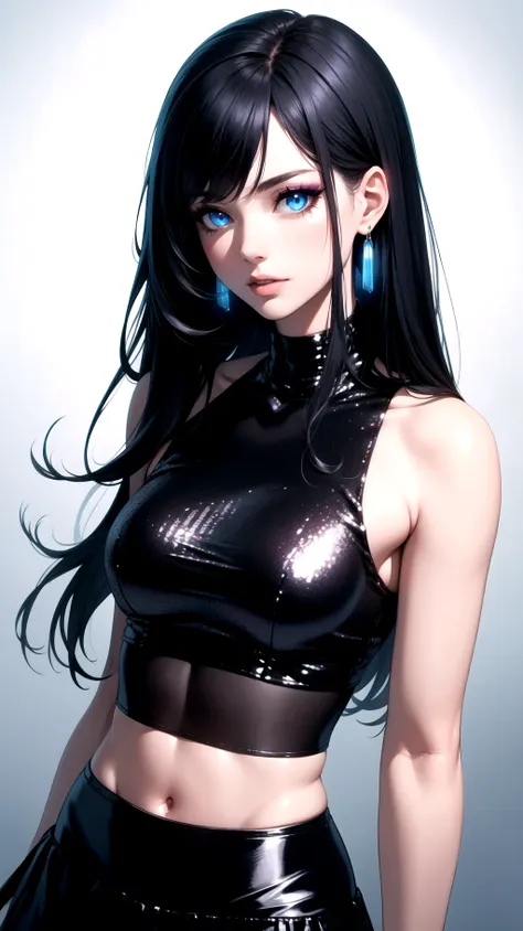 16K, Best quality, masterpiece, 1woman, solo, mature, sexy, highly detailed face and eyes, professional makeup, black sequin sleeveless cropped top, skirt, blue-black dual tone long  hair, glowing blue eyes