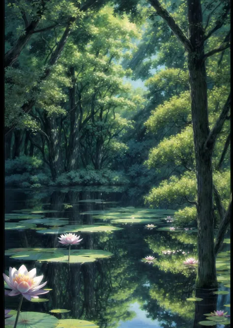 Water lily, water lilies in bloom, a pond of flowering rushes, surrounded by ancient trees, rays of light passing through the branches low angle view Ghibli style <lora:Ghibli_v6:0.8> <lora:more_details:1>