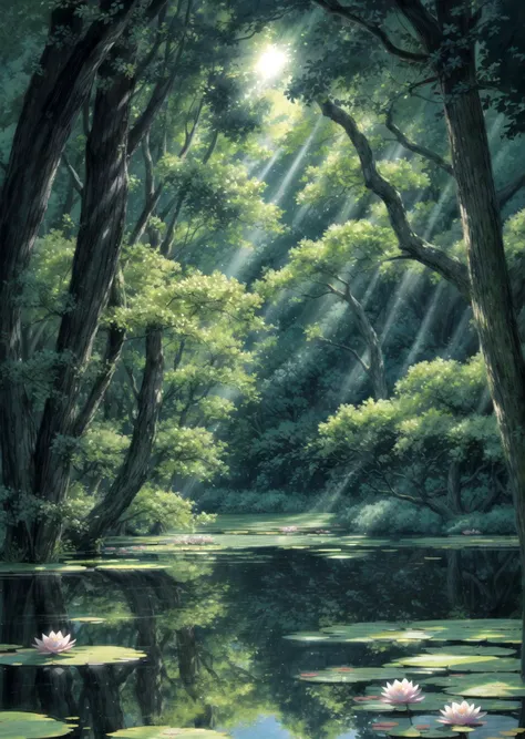 Water lily, water lilies in bloom, a pond of flowering rushes, surrounded by ancient trees, rays of light passing through the branches low angle view Ghibli style <lora:Ghibli_v6:0.8> <lora:more_details:1>
