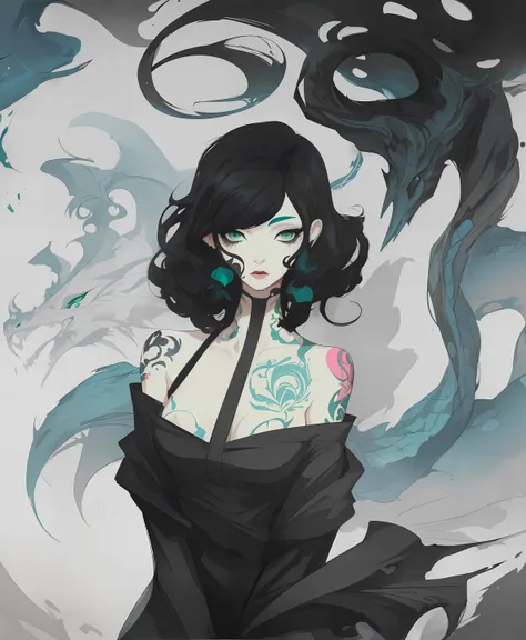 1girl,((((gris art style)))), (((Conrad Roset style))), green eyes, curly black hair, rainbow color art, a dragon siluet behind her, tattoos,