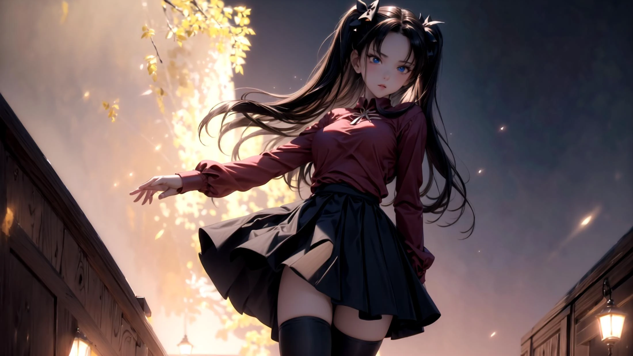 masterpiece, best quality, perfect anatomy, perfect art,
(8k, best quality, masterpiece:1.2), ultra-detailed,
dark intense shadows, sharp focus, good composition, intricate, (dim lighting), photon mapping,
Tohsaka Rin
1girl, solo, full body, detailed eyes, detailed face, blush, slim thighs, slender, smoky blue eyes, large breasts, perfect breasts,
black hair, short hair, twin tails, black bowknots, bangs
fancy clothes, (red shirt), long sleeves, (black skirt), (black thighhighs), ribbon,
sexy pose, worrying,
(night), (starry sky), school, corridor,
<lora:rin:0.8>,
<lora:add_detail:0.5>,
<lora:ran:0.5>