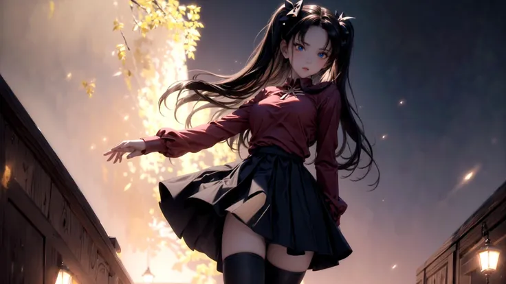 masterpiece, best quality, perfect anatomy, perfect art, 
(8k, best quality, masterpiece:1.2), ultra-detailed,
dark intense shadows, sharp focus, good composition, intricate, (dim lighting), photon mapping, 
Tohsaka Rin
1girl, solo, full body, detailed eyes, detailed face, blush, slim thighs, slender, smoky blue eyes, large breasts, perfect breasts,
black hair, short hair, twin tails, black bowknots, bangs
fancy clothes, (red shirt), long sleeves, (black skirt), (black thighhighs), ribbon,
sexy pose, worrying,
(night), (starry sky), school, corridor,
<lora:rin:0.8>,
<lora:add_detail:0.5>,
 <lora:ran:0.5>