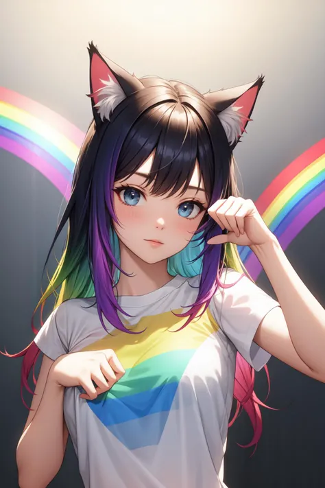 masterpiece, best quality, cat girl, cat ears, paw pose, gradient, gradient hair, gradient hair, rainbow gradient, rainbow, rainbow hair, white shirt