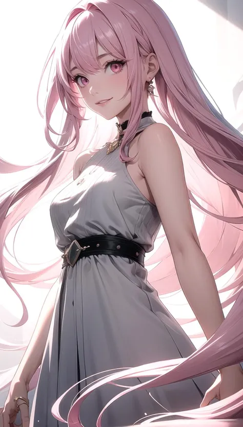 1girl, masterpiece, best quality, portrait, very long hair, grey dress, light smile, sleeveless, pink eyes, pink hair