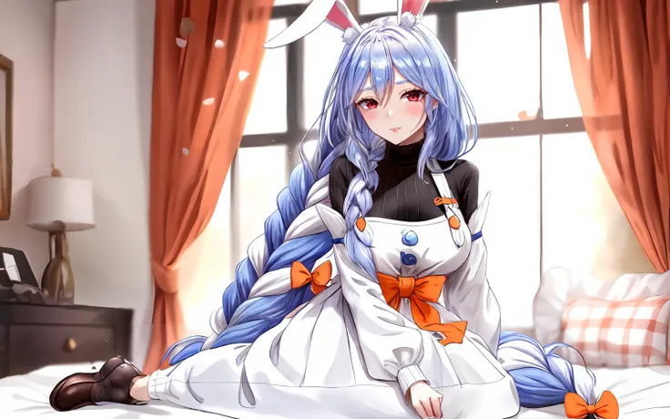 highres,<lora:PekoMamaLora-10:0.7>,1girl,mature female,looking at viewer,squinting,medium breasts,pekomama,bunny girl,bunny ears,animal ear fluff,light blue hair,braid,single braid,bangs,white streaked hair,red eyes,
bare shoulders,black inner turtleneck,white dress,apron,long sleeves,orange bow on waist,buttons,<lora:ããããã:0.7>,bedroom,on bed,no_shoes,on_side,