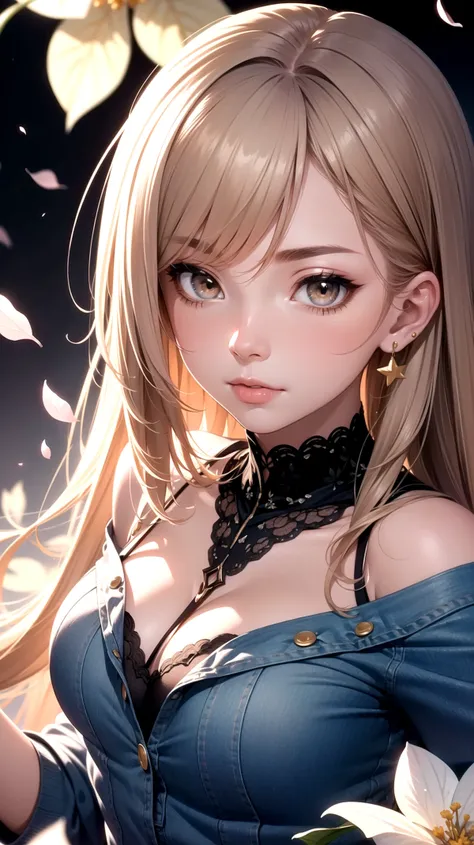 (masterpiece, best quality:1.2), beautiful woman with ultra detailed long hair, (beautiful and clear background: 1.2),background, Japanese letters in graffiti, girls, excellent lighting, fantastic paintings, graffiti style, flowers, highly detailed eyes, a white t-shirt or dress with a jeans jacket and white blouse underneath with gradient yellow star print, and bracelets, with long gradient pink hair, colored stained glass, bright and special colors, high quality, best quality, high quality, scenery, award-winning photography, HDR, extremely detailed, trend in artstation, trend in cgsociety, intricate, high detail, (finely detailed beautiful eyes: 1.2), (very beautiful woman), ((solo)), (light brown eyes:1.4), (finely detailed eyes and detailed face:1.3), (beautiful and clear background:1.2), (extremely detailed, ultra-detailed CG, best shadow:1.1), ((depth of field)), ((watercolor)), large breasts, bare shoulders, flowers and petals, beautiful conceptual illustration, (white background:0.5), (illustration:1.1), (extremely thin and beautiful:1.1), (perfect details:1.1),