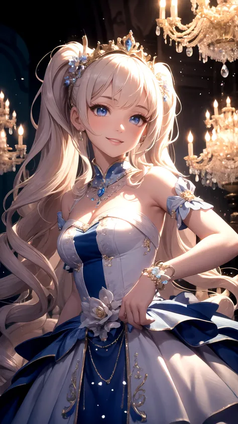 Dramatic composition, court-style dresses, royal, gorgeous, cascading frills, ruffles, bows, crystal chandeliers, Roman curly hairstyles, ponet, double ponytails like drills, look at the camera, bangs, maximalism, palatial background, delicate portrayal of hair and eyes, princess dresses, gorgeous skirts, flowers in hand, smiles, starry eyes, cinematic light, extreme detail, high definition, happy girl, very long hair, diamonds, broken diamonds, crystal fragments, light particles