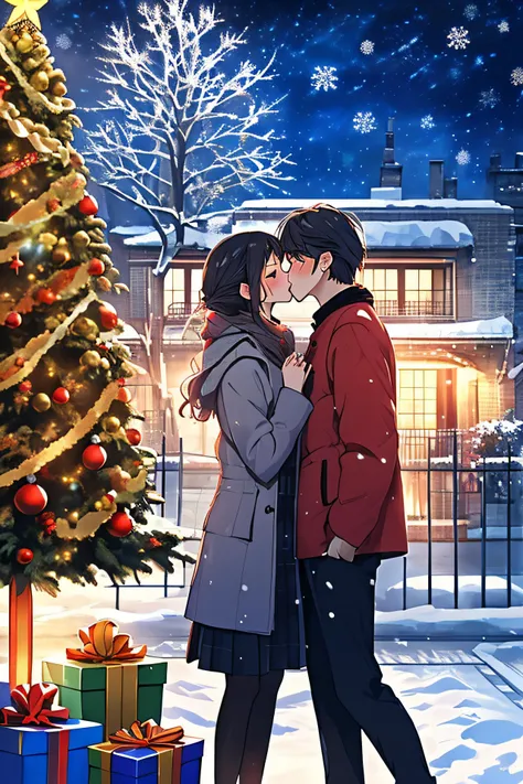 Ultra-realistic,masterpiece,Ultra Sharp,(best quality:1.2),
(1 boy,1 Girl,Couple,kissing, under christmas tree:1.2),
christmas tree,christmas tree lighting,night sky, snow, star \(sky\), starry sky, street, tree, winter,
<lora:cozy anime_20230630155224:0.7> cozy anime