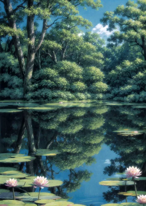 Water lily, water lilies in bloom, a pond of flowering rushes, surrounded by ancient trees, rays of light passing through the branches low angle view Ghibli style <lora:Ghibli_v6:0.8> <lora:more_details:1>