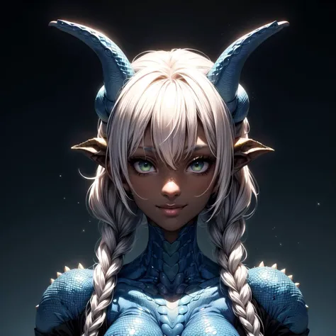 (masterpiece, best quality, highres), one (female/lizard hybrid:1.4), (dark skin:1.3), green eyes, flirty smile, (long tied-up hair, braided:1.2), goat horns, ((detailed blue scaly skin)), (intricate blue scaly dragon armor:1), looking at viewer, (portrait), <lora:more_details:0.5>