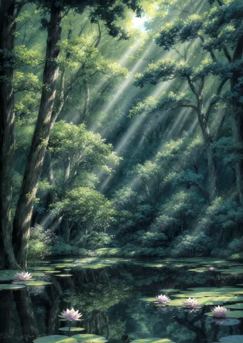 Water lily, water lilies in bloom, a pond of flowering rushes, surrounded by ancient trees, rays of light passing through the branches low angle view Ghibli style <lora:Ghibli_v6:0.8> <lora:more_details:1>