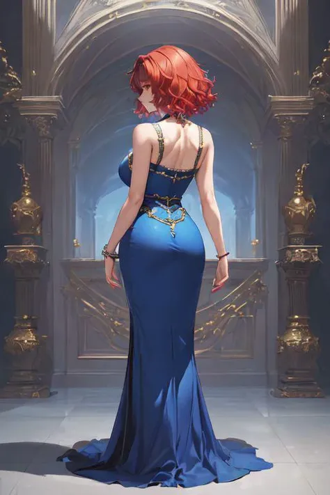 (masterpiece, best quality:1.2), (high aesthetic, 1girl, solo:1.4),(short dress, blue dress), (red hair, short hair, frizzy hair), topheavy, curvy, tight clothing, full body portrait, standing, back view