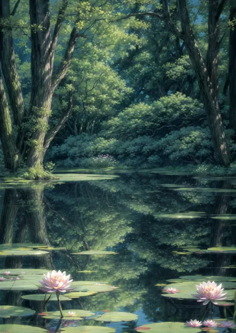 Water lily, water lilies in bloom, a pond of flowering rushes, surrounded by ancient trees, rays of light passing through the branches low angle view Ghibli style <lora:Ghibli_v6:0.8> <lora:more_details:1>