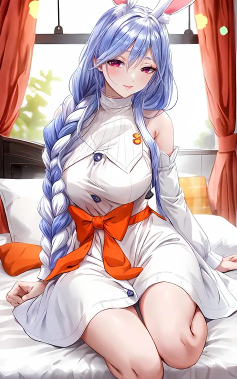 highres,<lora:PekoMamaLora-10:0.7>,1girl,mature female,looking at viewer,squinting,medium breasts,pekomama,bunny girl,bunny ears,animal ear fluff,light blue hair,braid,single braid,bangs,white streaked hair,red eyes,
bare shoulders,black inner turtleneck,white dress,apron,long sleeves,orange bow on waist,buttons,<lora:ããããã:0.7>,bedroom,on back,on bed,no_shoes,