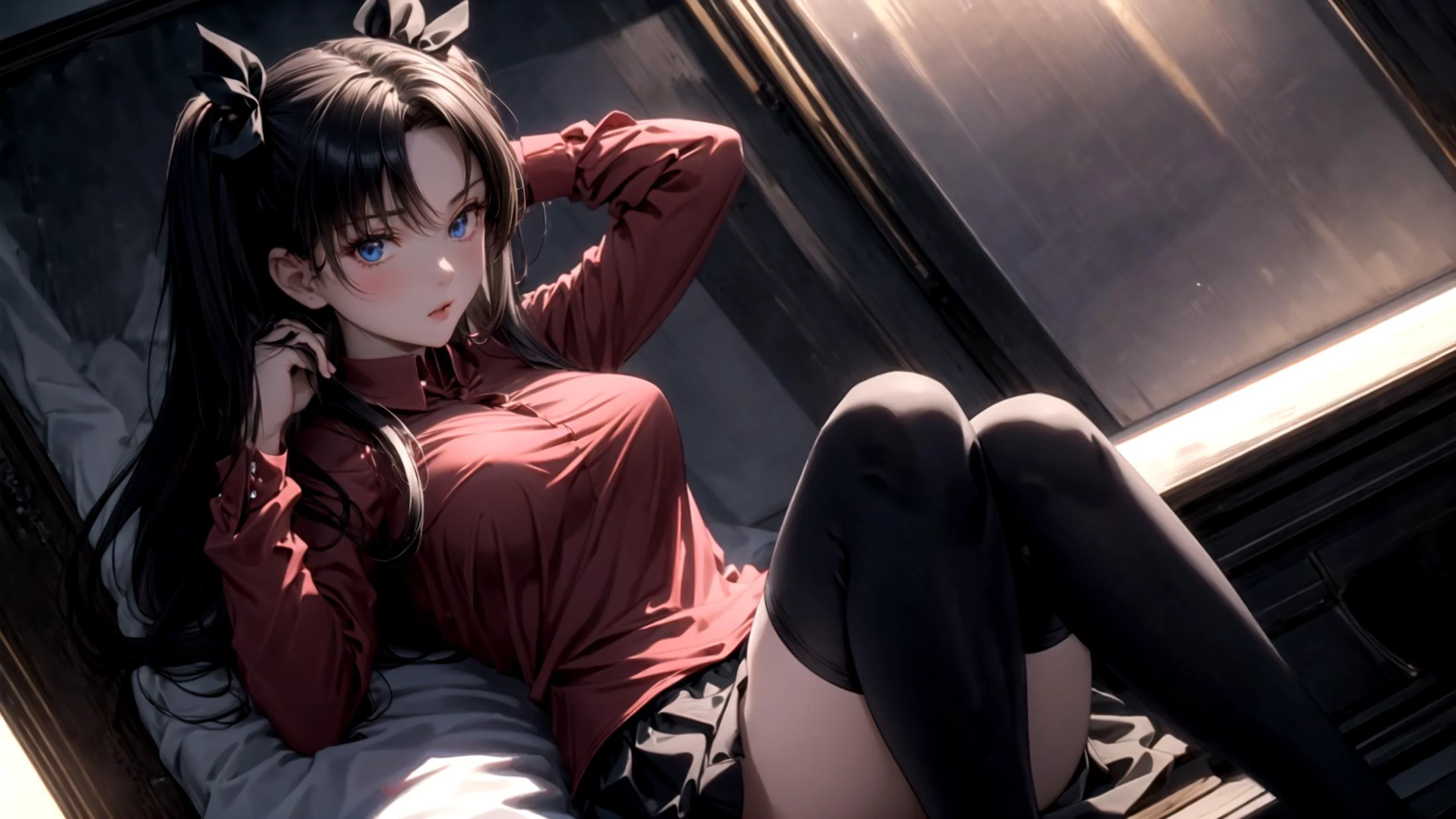 masterpiece, best quality, perfect anatomy, perfect art,
(8k, best quality, masterpiece:1.2), ultra-detailed,
dark intense shadows, sharp focus, good composition, intricate, (dim lighting), photon mapping,
Tohsaka Rin
1girl, solo, full body, detailed eyes, detailed face, blush, slim thighs, slender, smoky blue eyes, large breasts, perfect breasts,
black hair, short hair, twin tails, black bowknots, bangs
fancy clothes, (red shirt), long sleeves, (black skirt), (black thighhighs), ribbon,
sexy pose, worrying,
(night), (starry sky), school, corridor,
<lora:rin:0.8>,
<lora:add_detail:0.5>,
<lora:ran:0.5>