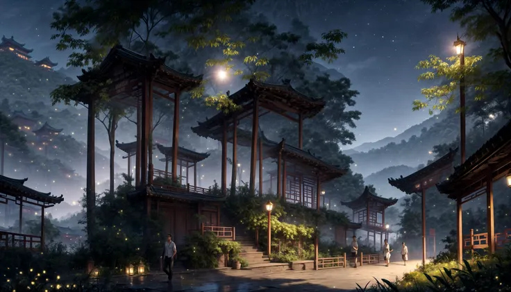 1 guy, an out of shape nerd with glasses sweating outside looking at tiny magical people and fairies, out in the chinese countryside, <lora:more_details:0.8> <lora:4960_fireflies:0.6> <lora:LAS:0.4>