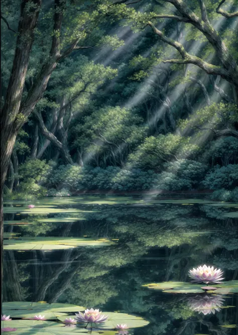 Water lily, water lilies in bloom, a pond of flowering rushes, surrounded by ancient trees, rays of light passing through the branches low angle view Ghibli style <lora:Ghibli_v6:0.8> <lora:more_details:1>