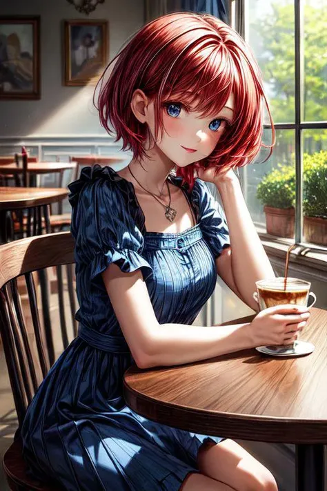 (masterpiece, best quality), (high aesthetic, 1girl, solo), (blue dress), cafe, dining table, chair, happy, short red hair, top heavy