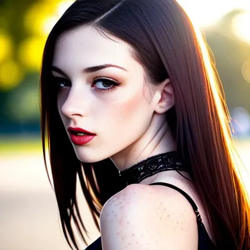 photo of a girl, dynamic posture, slender physique, pouty, teasing smirk, stoya (extremely detailed:1.3), (textured skin:1.3), lipstick, (detailed eyes), highres, realistic lighting, freckles, choker, (sexy clothes:1.2), (background in public park:1.2), (sunny:1.3)