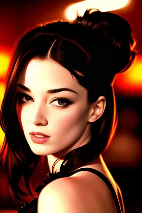portrait photo of stoya-v2 beautiful woman hair updo upsweep nightclub sitting at bar (masterpiece) (best quality) (detailed) (8k) (HDR) (wallpaper) (cinematic lighting) (sharp focus) (intricate)