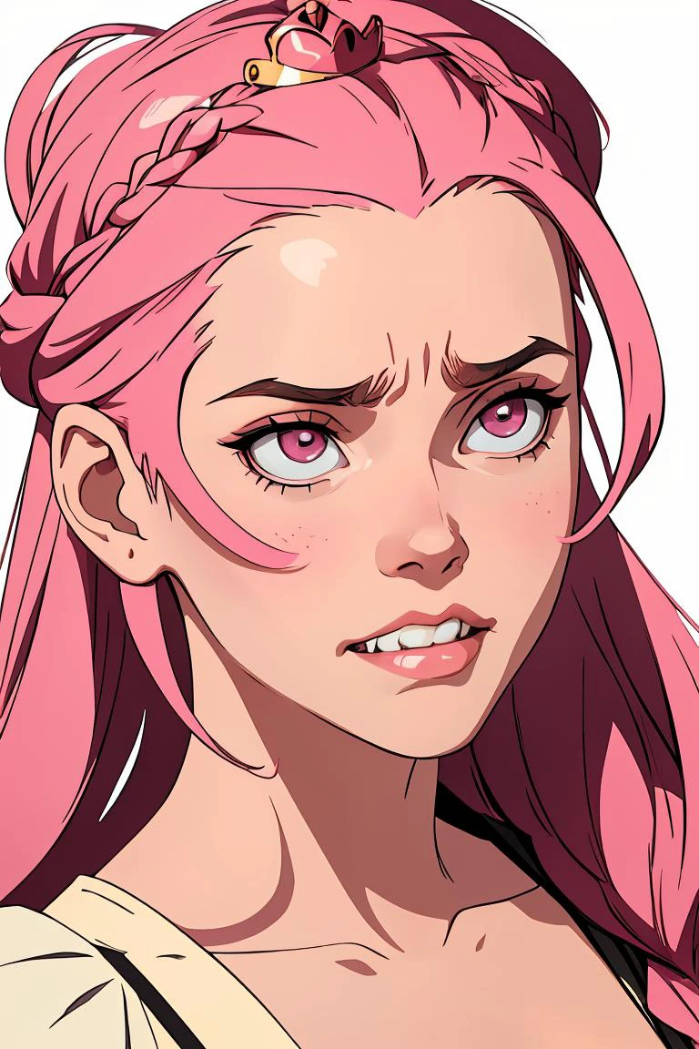 (masterpiece, best quality), 1girl, Rose pink Crown Braided Updo, Size G breasts, <lora:rolleyeclenchteeth_exp1:1> rolleyeclenchteeth, clenched teeth, rolling eyes
