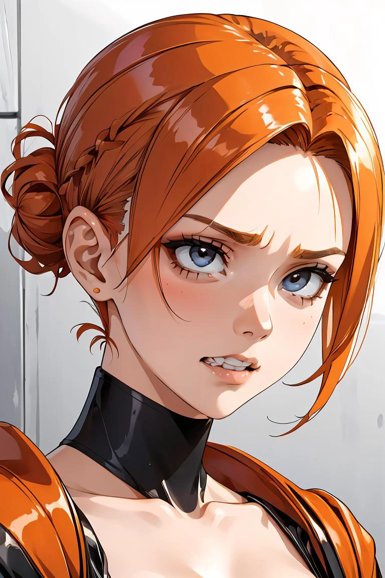 (masterpiece, best quality), 1girl, Medium orange Slicked-Back Undercut with, Size E breasts, <lora:rolleyeclenchteeth_exp1:1> rolleyeclenchteeth, clenched teeth, rolling eyes