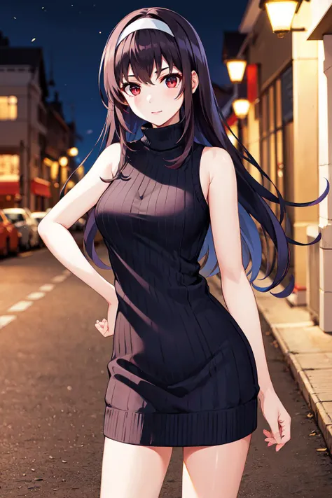 masterpiece, best quality, highres, aaanna, long hair, brown eyes, <lora:yamada_anna_v1:0.7>, sweater dress, sleeveless, turtleneck, standing, cowboy shot, outdoors, night,