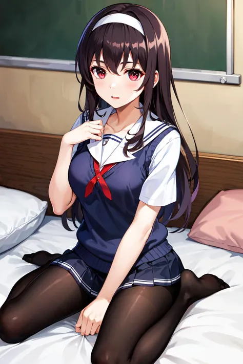 (masterpiece, best quality:1.5), (ultra detailed:1.4), super fine illustration, perfect anatomy, 8k portrait,
1girl,
Suzune Horikita, 
Suzune Horikita \(youjitsu\),
long hair, braid, 
black hair, 
red eyes, slant eyes, small eyes, 
blue bow, 
(medium breasts:0.9), 
red jacket, white skirt, pleated skirt, black thigh-high socks, 
BREAK looking at viewer, 
cowboy shot, Front Light, background of indoor, lie on the bed, spread legs, nsfw, show panties, 