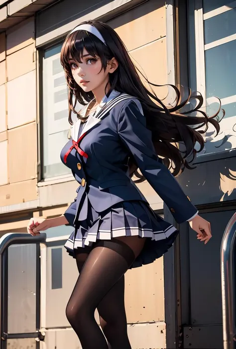 (masterpiece, best quality), 1girl, <lora:kasumigaoka_utaha_v2-1:0.8> aautaha, long hair, black hair, hairband, school uniform, sailor collar, blue blazer, long sleeves, pleated skirt, blue skirt, black pantyhose,