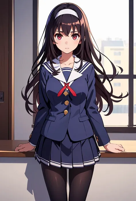 (masterpiece, best quality), 1girl, <lora:kasumigaoka_utaha_v2-1:0.8> aautaha, long hair, black hair, hairband, school uniform, sailor collar, blue blazer, long sleeves, pleated skirt, blue skirt, black pantyhose,